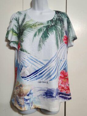VTG Sunshirt Cape Coral Florida Palm Tree Hammock Tee Women's L Cold Shoulder